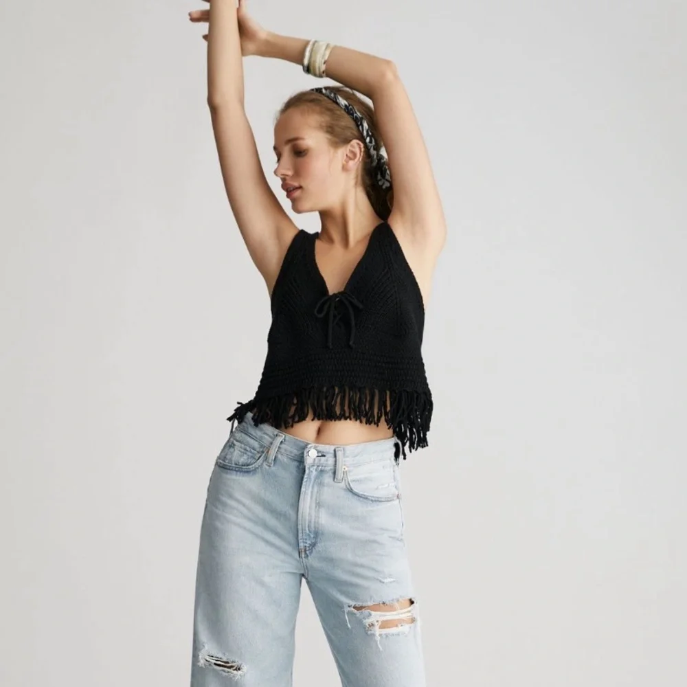 NWT Anthropologie Pilcro Black Fringe Sweater Tank Crochet Top Petite Medium
